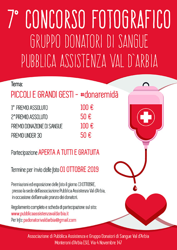 “PICCOLI E GRANDI GESTI - #donaremidà” - 7° Concorso Fotografico del Gruppo Donatori di Sangue della Pubblica Assistenza Val d’Arbia